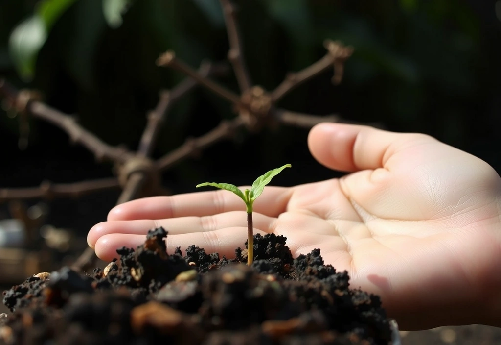A hand holding a small plant sprouting from rich soil, symbolizing growth, nature, and purity. The background is softly blurred with natural light.