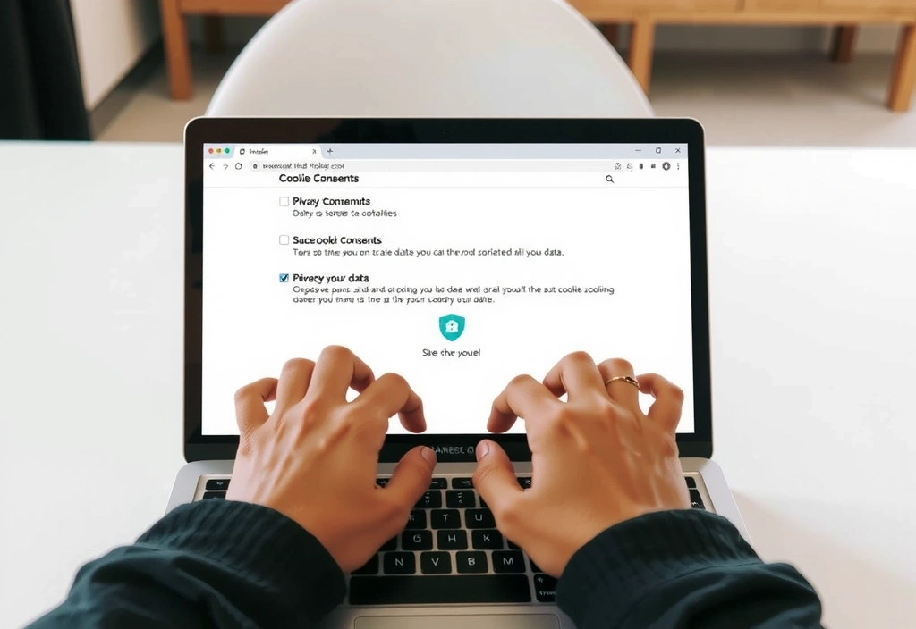 Person managing cookie settings on a laptop with a privacy shield icon