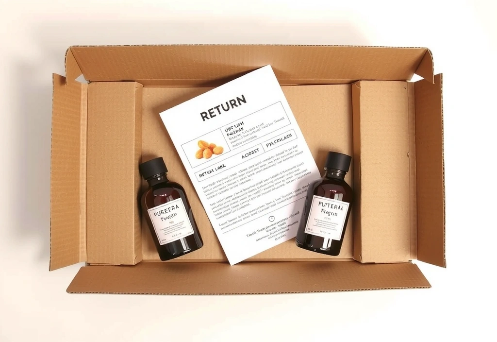 Open box with Purevora products and a return label
