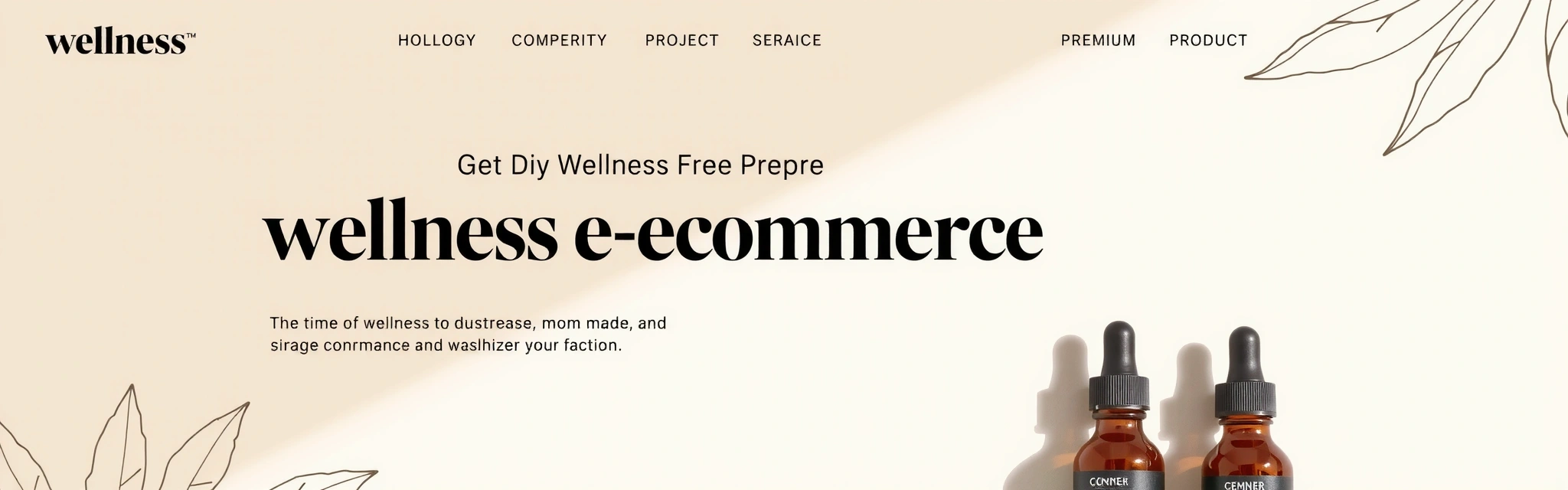 Modern, clean, elegant banner for a wellness e-commerce site, featuring natural elements like soft light, botanical outlines, and premium product imagery