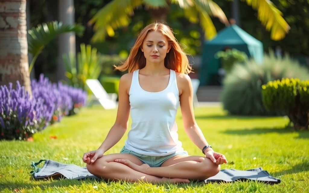 A serene woman meditating in a lush green garden, representing inner peace and natural wellness.