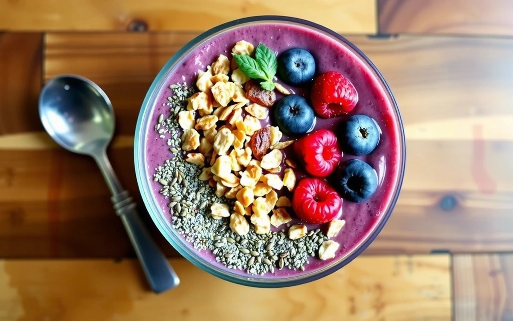 A vibrant smoothie bowl with fresh fruits and seeds, symbolizing healthy eating and a balanced diet.