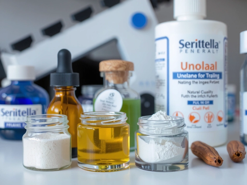 A close-up of various cosmetic ingredients in small glass jars, such as oils, powders, and plant extracts, with scientific tools in the background.
