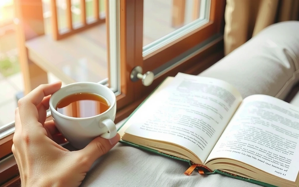 Someone enjoying a peaceful moment with a cup of herbal tea and a book, representing self-care and relaxation.